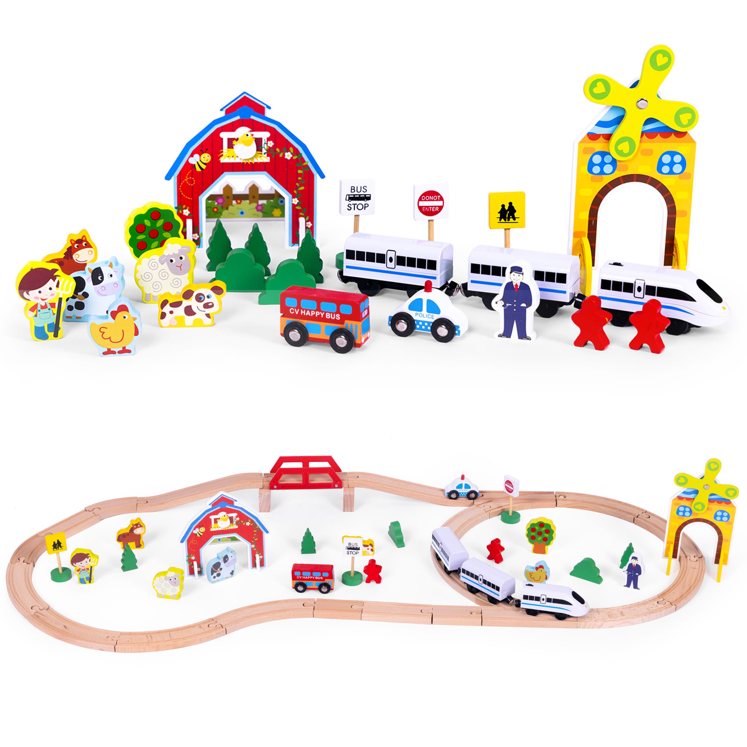 Reducere 24% – Set trenulet Ecotoys, lemn, baterii, 53 elemente KID065401 1 Set trenulet Ecotoys