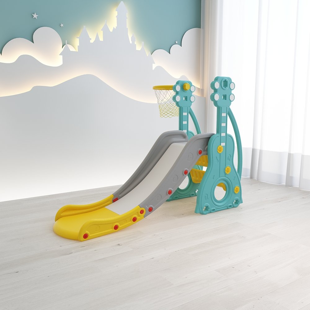 Reducere 45% – Tobogan Nichiduta Garden Musical 2 in 1 cu cos de baschet cu structura solida, margini rotunjite, trepte late si manere 1 Tobogan Nichiduta Garden Musical 2 in 1 cu cos de baschet cu structura solida