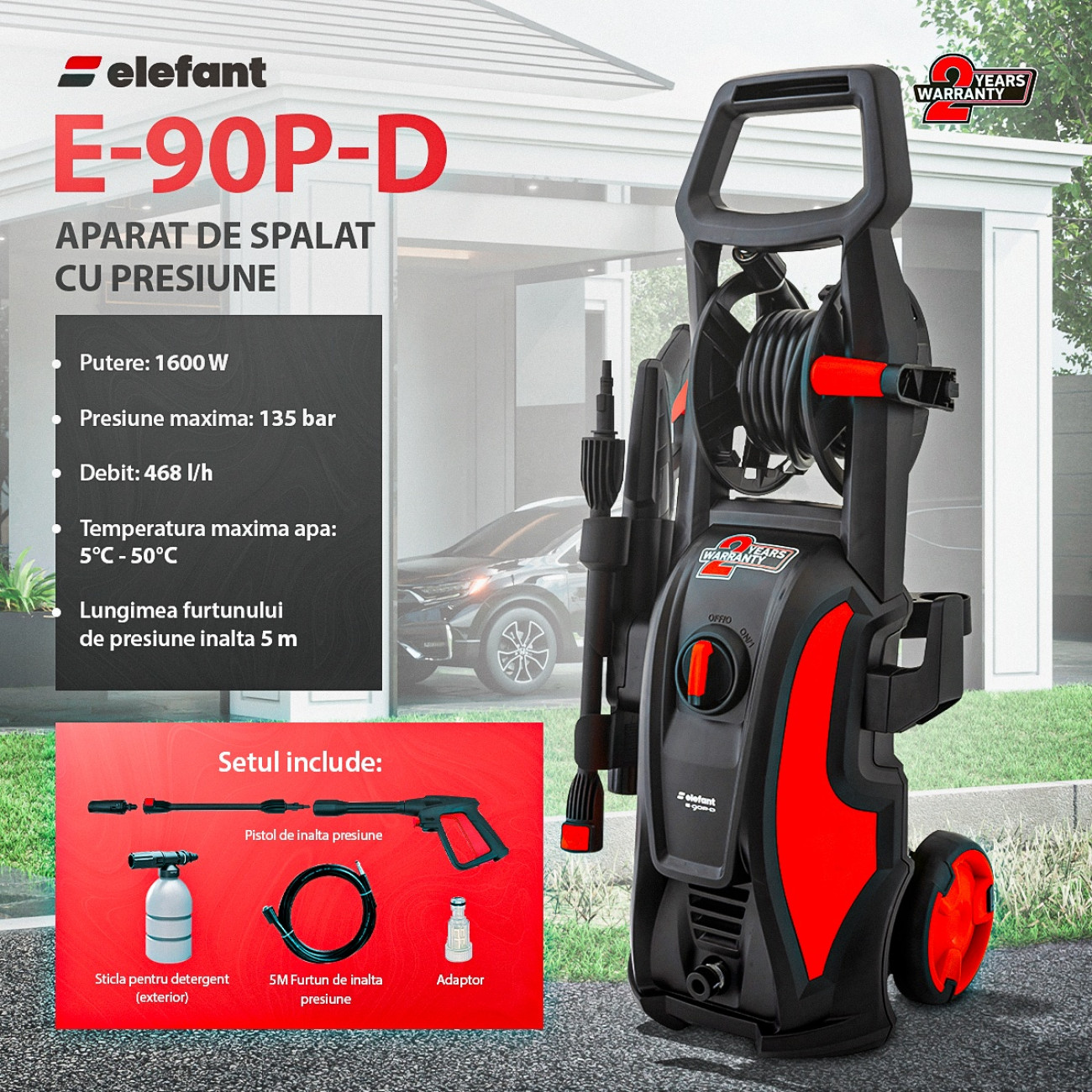 Reducere 20% – Aparat de Spalat cu Presiune Elefant E-90P-D, 1600 W, 480l/h, 90bar, lungime Furtun 5 m 1 Aparat de Spalat cu Presiune Elefant E-90P-D