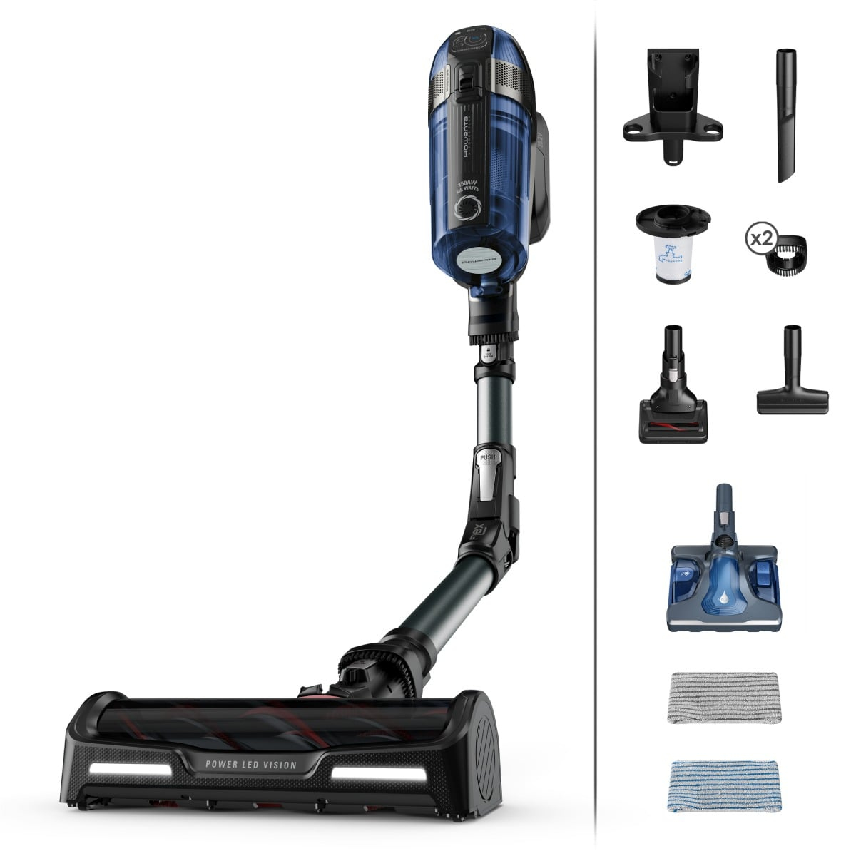 Aspirator vertical Rowenta X-Force Flex 12.60 cu mop Aqua RH98C8WO, 320W, 45 minute autonomie, bază de incarcare, tehnologie flex, Albastru negru