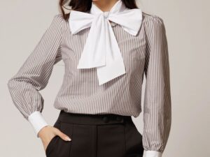 Bluza alba cu dungi negre din poplin cu esarfa tip funda la gat