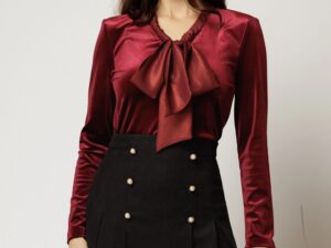 Bluza bordo din catifea cu guler esarfa