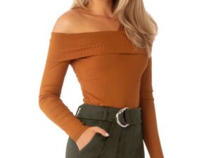 Bluza Pretty Girl maro cu un umar gol cambrata din lycra