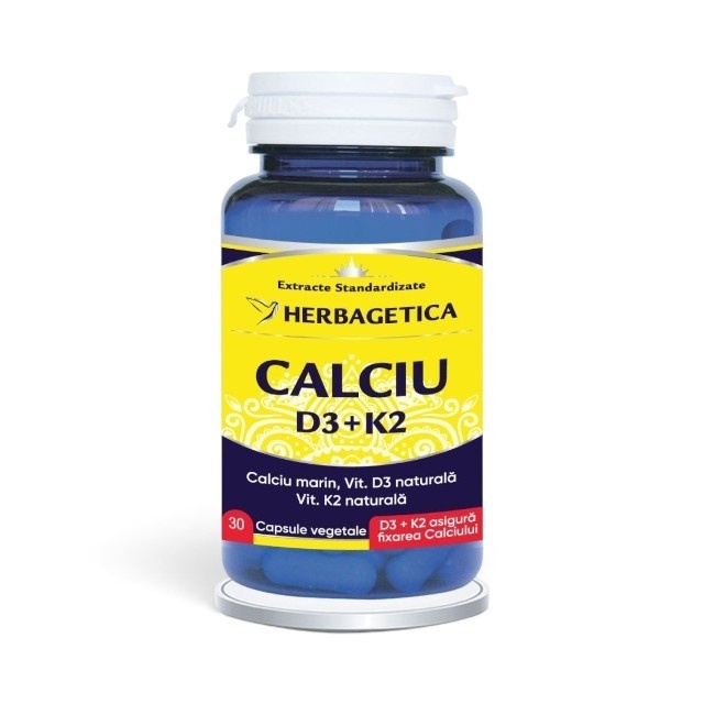 Reducere 15% – Calciu + D3 + K2, supliment alimentar destinat susținerii sănătății oaselor, dinților și mușchilor, 30 capsule, Herbagetica 1 Calciu + D3 + K2