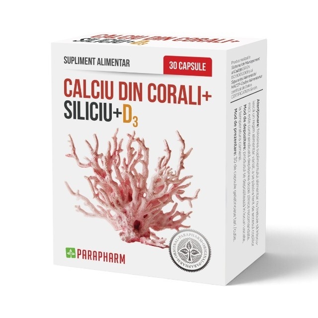 Reducere 15% – Calciu din Corali + Siliciu + Vitamina D3, cu magneziu și microelemente, susține oasele, părul și unghiile, 30 capsule, Parapharm 1 Calciu din Corali + Siliciu + Vitamina D3