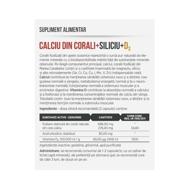 Reducere 15% – Calciu din Corali + Siliciu + Vitamina D3, cu magneziu și microelemente, susține oasele, părul și unghiile, 30 capsule, Parapharm 2 cu magneziu și microelemente