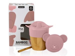 Cana din bambus cu pai si capac - Blush Pink