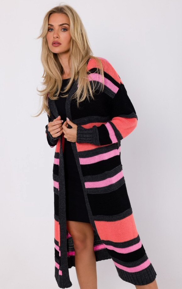 Reducere 13% – Cardigan dama midi, din acryl, negru cu dungi corai, Fatime 1 Cardigan dama midi