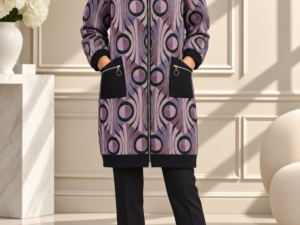 Cardigan oversize cu motive jacquard in nuante de mov