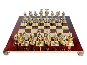 Combo set Piese sah din metal Cavalerii Medievali+Tabla de sah din metal rosu