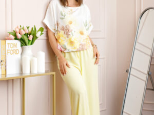 Compleu dama Deborah cu bluza vaporoasa si pantaloni largi - Galben pastel