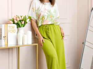 Compleu dama Deborah cu bluza vaporoasa si pantaloni largi - Verde lime
