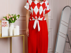 Compleu dama rosu cu pantaloni largi si bluza cu nod Candice