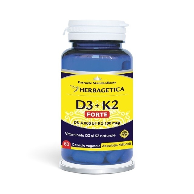 Reducere 15% – D3 + K2 Forte, supliment alimentar destinat susținerii sănătății oaselor, dinților, mușchilor și imunității, 60 capsule, Herbagetica 1 D3 + K2 Forte