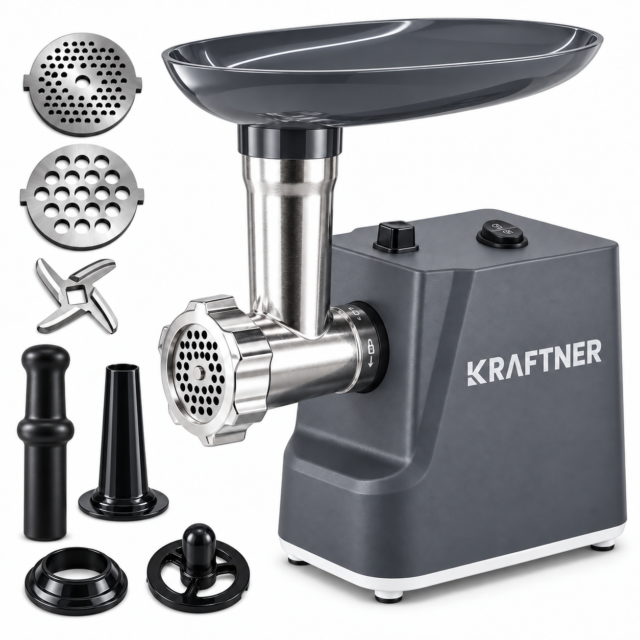 Reducere 30% – Masina de tocat carne electrica 750W, 3 in 1 (tocare, carnati, kibbe), functie revers, KRAFTNER KF-9951 1 Masina de tocat carne electrica 750W