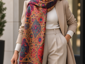 Esarfa premium din lana si vascoza cu imprimeu oriental floral cu rosu si verde