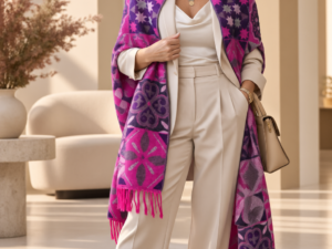 Esarfa premium din lana si vascoza cu imprimeu oriental floral cu fucsia
