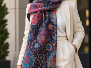 Esarfa premium din lana si vascoza cu imprimeu oriental floral cu turcoaz si rosu
