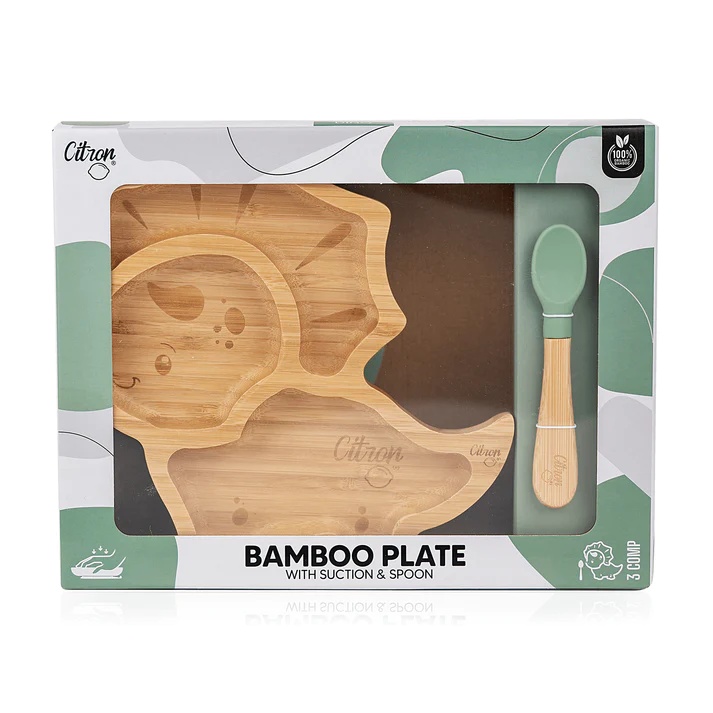 Reducere 30% – Farfurie din bambus cu 3 compartimente si lingura - Dino Green, Citron 2 Citron