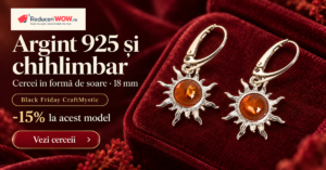 Cercei cu chihlimbar din argint 925 în formă de soare, model CraftMystic de 18 mm