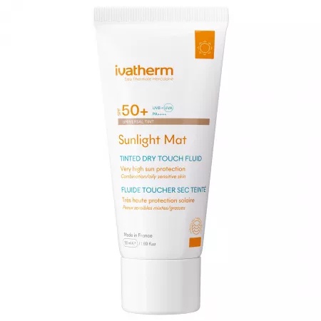 Reducere 40% – Fluid matifiant colorat cu protectie solara SPF50+ Sunlight Mat Tinted Dry Touch, 50ml, Ivatherm 1 Fluid matifiant colorat cu protectie solara SPF50+ Sunlight Mat Tinted Dry Touch