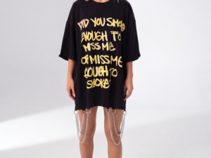 Black Chain Hem Slogan T-Shirt - M/L