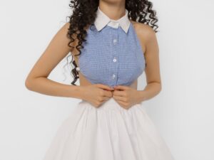 Blue Gingham Shirt Halter Crop Top - XS
