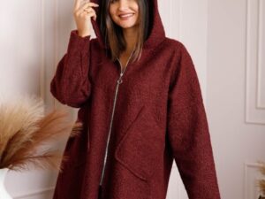 Jacheta dama bordo din stofa boucle cu gluga Maggie