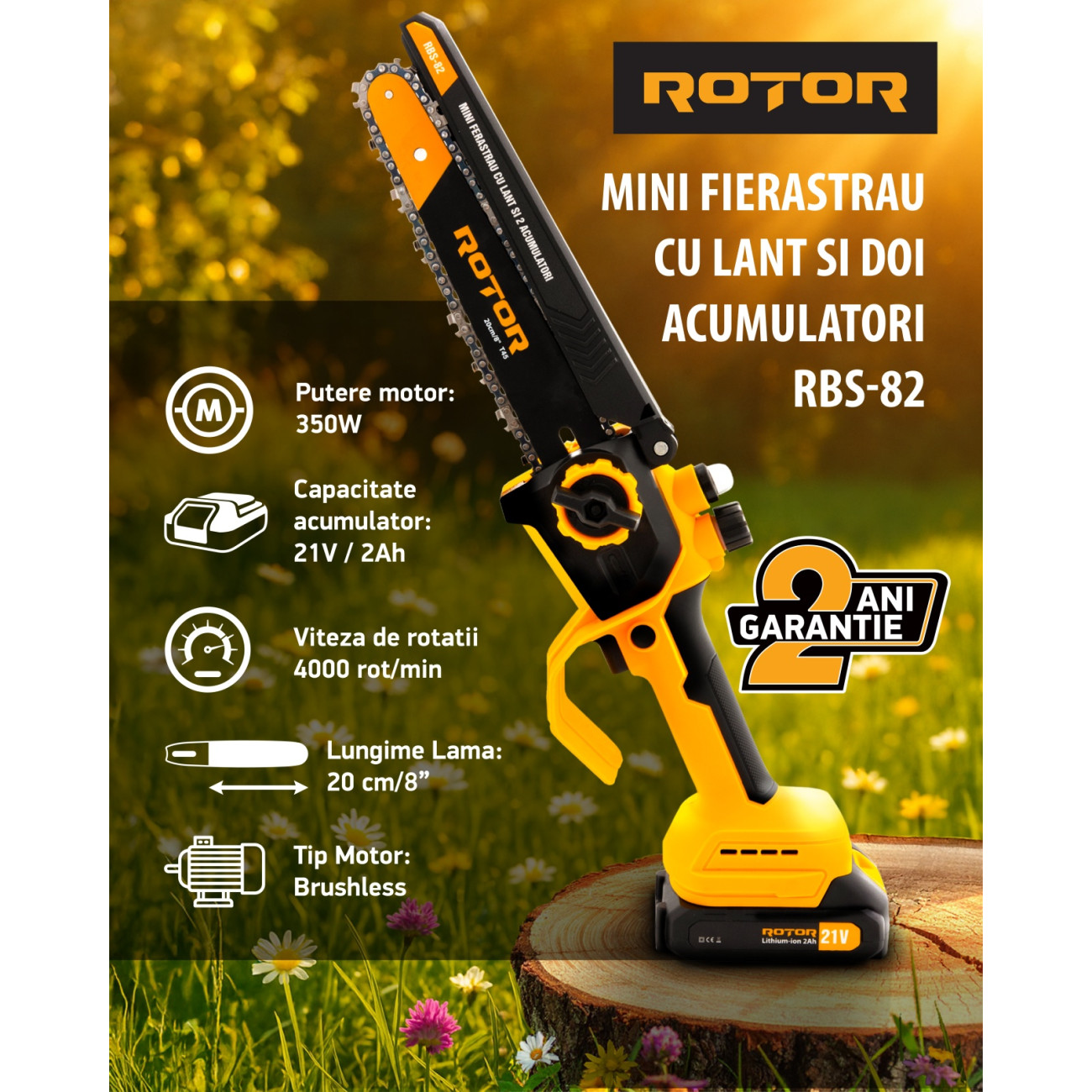 Reducere 20% – Mini Drujba 8" pe Acumulator cu 2 Acumulatori 21V /2Ah si Incarcator Rotor RBS-82 1 Mini Drujba 8" pe Acumulator cu 2 Acumulatori 21V /2Ah si Incarcator Rotor RBS-82