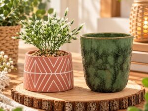 Pachet plantă artificială decorativă în ghiveci ceramic roz cu model alb