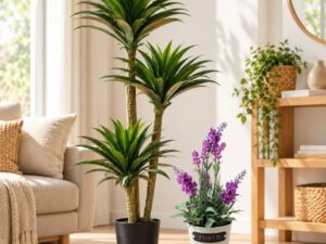 Pachet plantă artificială Yucca 160 cm în ghiveci negru + plantă artificială Lavandă 28×9 cm