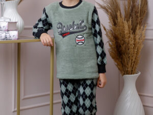 Pijama baieti Teddy din fleece verde cu model baseball
