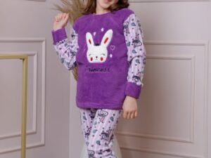 Pijama fetite Daisy din fleece mov cu model cu iepurasi