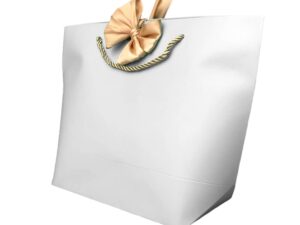 Pungi cadou cu mâner și fundă aurie - alb (set 12 buc) - 28x20x9cm