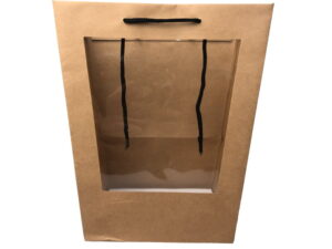 Pungi trapez cu mâner și fereastră - kraft (set 10 buc) - 28x17x36