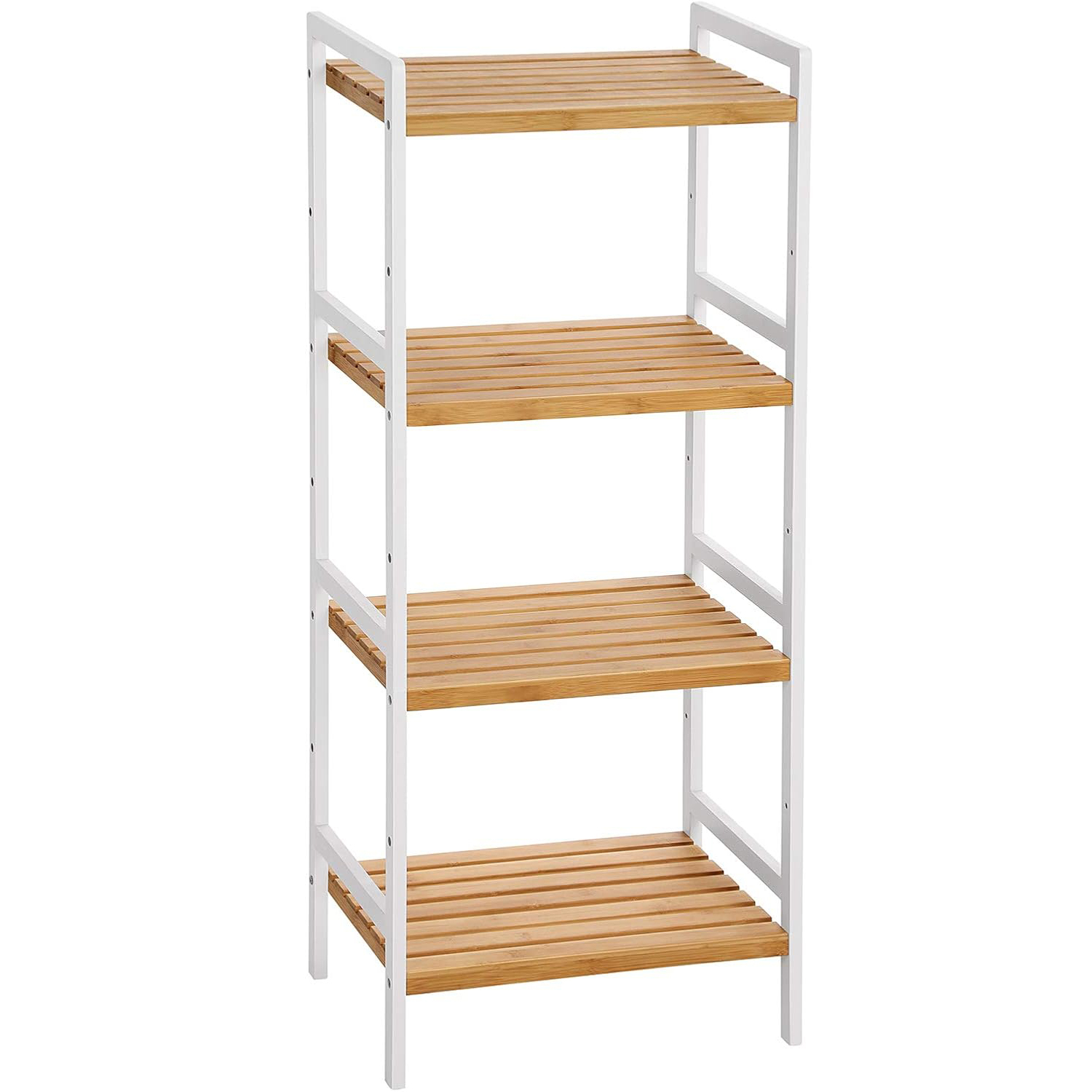 Reducere 20% – Raft din bambus cu 4 nivele reglabile, pentru bucatarie sau baie, 32x45x111 cm, alb si maro 1 Raft din bambus cu 4 nivele reglabile
