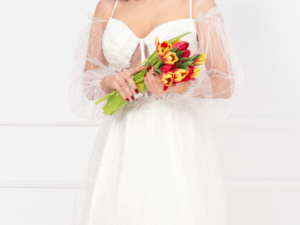 Rochie de cununie Meredith baby-doll alba cu perle si margele