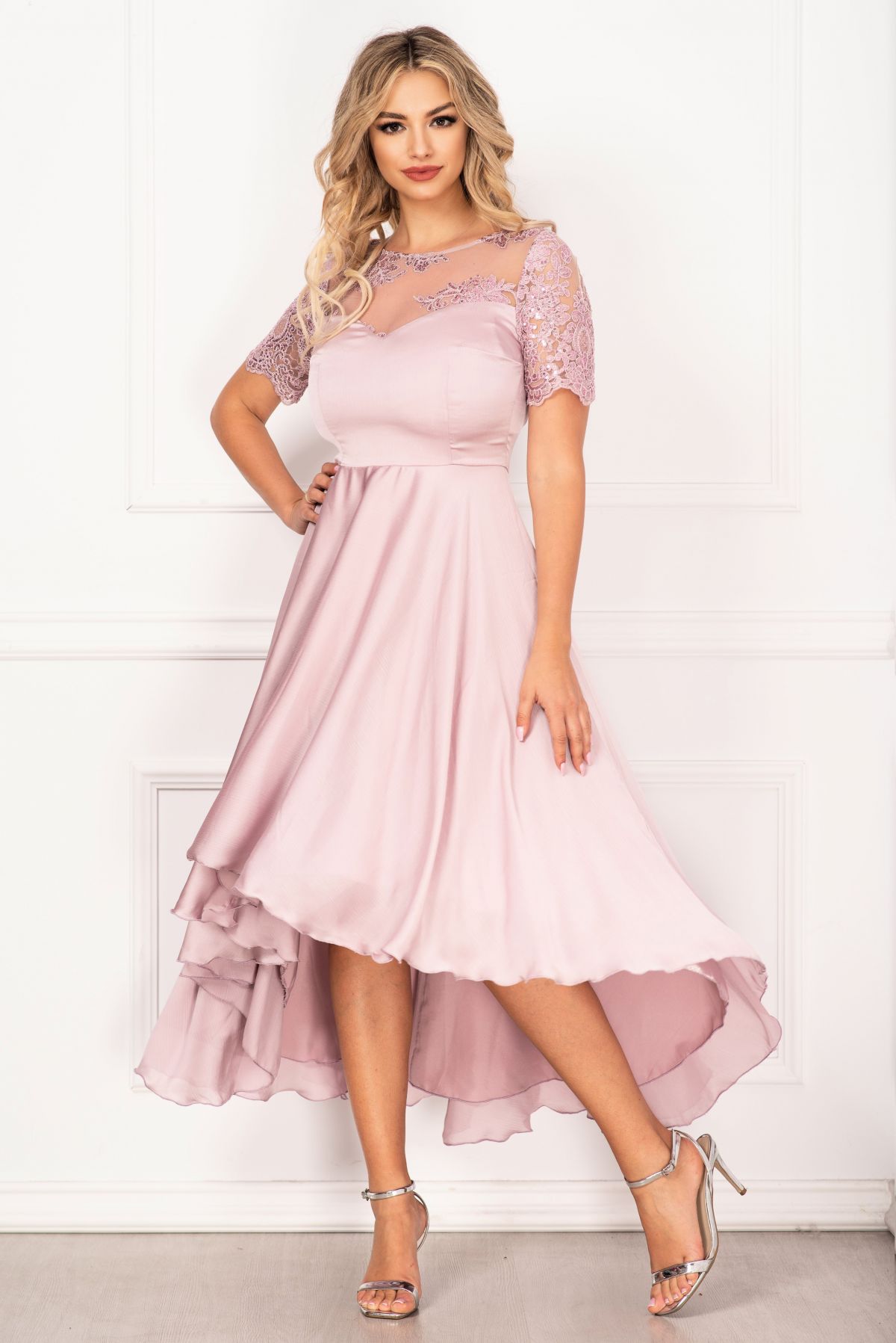 Reducere 35% – Rochie de seara rose asimetrica cu broderie si paiete 1 Rochie de seara rose asimetrica cu broderie si paiete