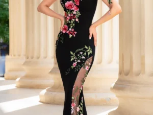 Rochie de seara tip sirena Fabrizia cu broderie florala roz