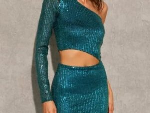 Rochie scurta verde mulata din paiete cu o maneca lunga Romina