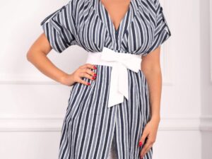 Rochie Effect cu dungi din panza texturata si broderie
