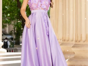 Rochie eleganta Abigail lila tip printesa din tafta cu flori 3D
