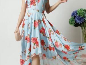 Rochie eleganta lunga din tafta bleu cu imprimeu si cordon in talie
