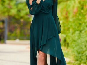 Rochie lunga din voal verde vaporoasa cu maneca lunga Jessica