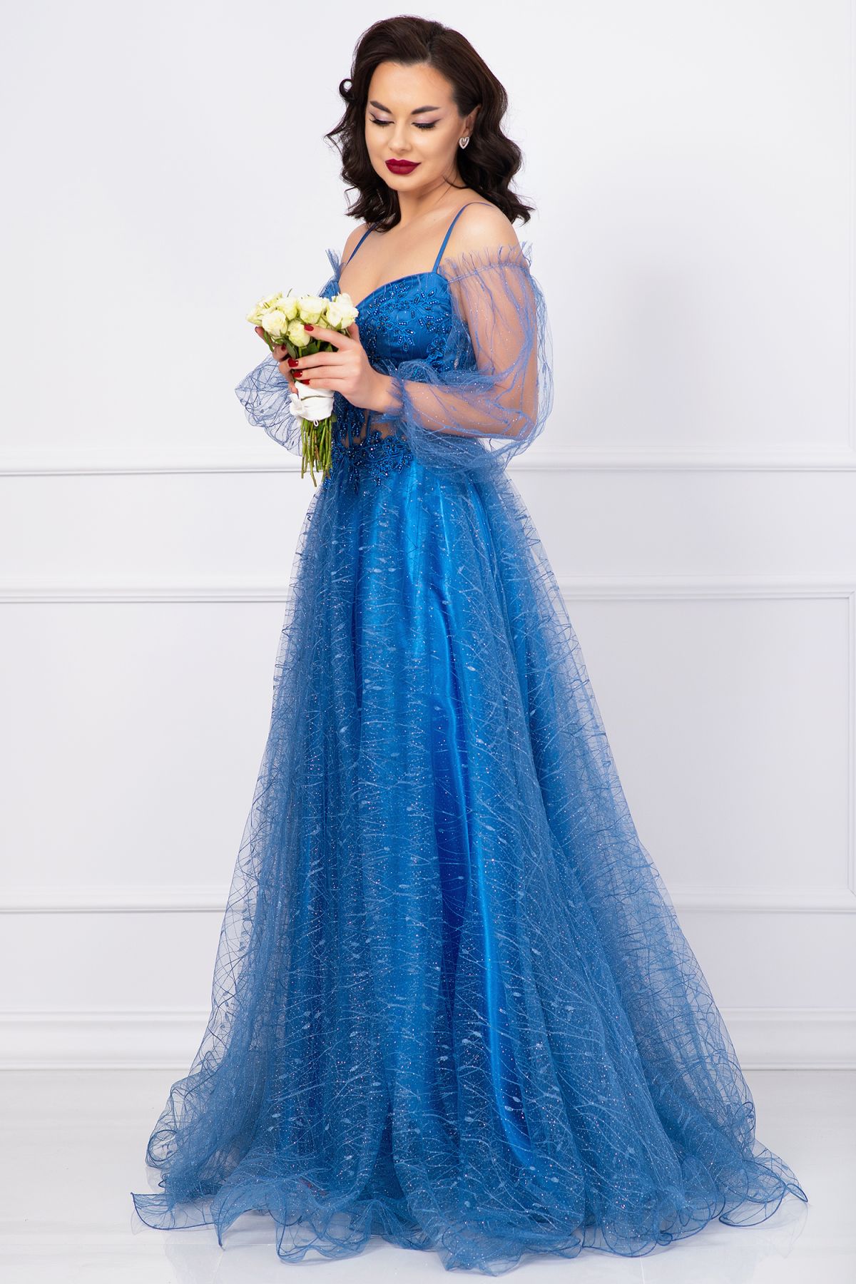 Reducere 32% – Rochie pretioasa Patrizia baby blue din tulle cu sclipici si margele 1 Rochie pretioasa Patrizia baby blue din tulle cu sclipici si margele