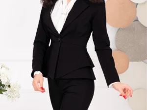 Sacou elegant negru din stofa cu revere si peplum in talie