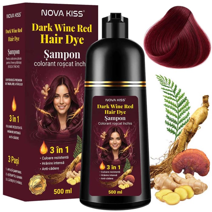 Reducere 36% – Sampon Colorant Roscat Inchis NOVA KISS pentru Vopsirea Parului, 3 in 1, Acoperire Fire Albe, Dark Wine Red, 500 ml 1 Sampon Colorant Roscat Inchis NOVA KISS pentru Vopsirea Parului