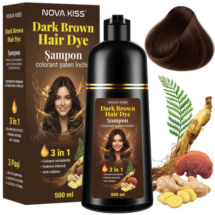 Reducere 36% – Sampon Colorant Saten Inchis NOVA KISS pentru Vopsirea Parului, 3 in 1, Acoperire Fire Albe, Dark Brown, 500 ml 1 Sampon Colorant Saten Inchis NOVA KISS pentru Vopsirea Parului