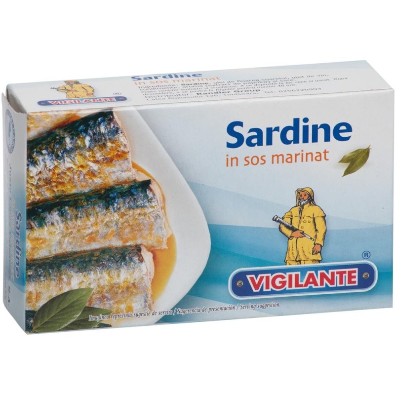 Reducere 19% – Set 2 x Sardine in Sos Marinat Vigilante, 120 g 1 Set 2 x Sardine in Sos Marinat Vigilante