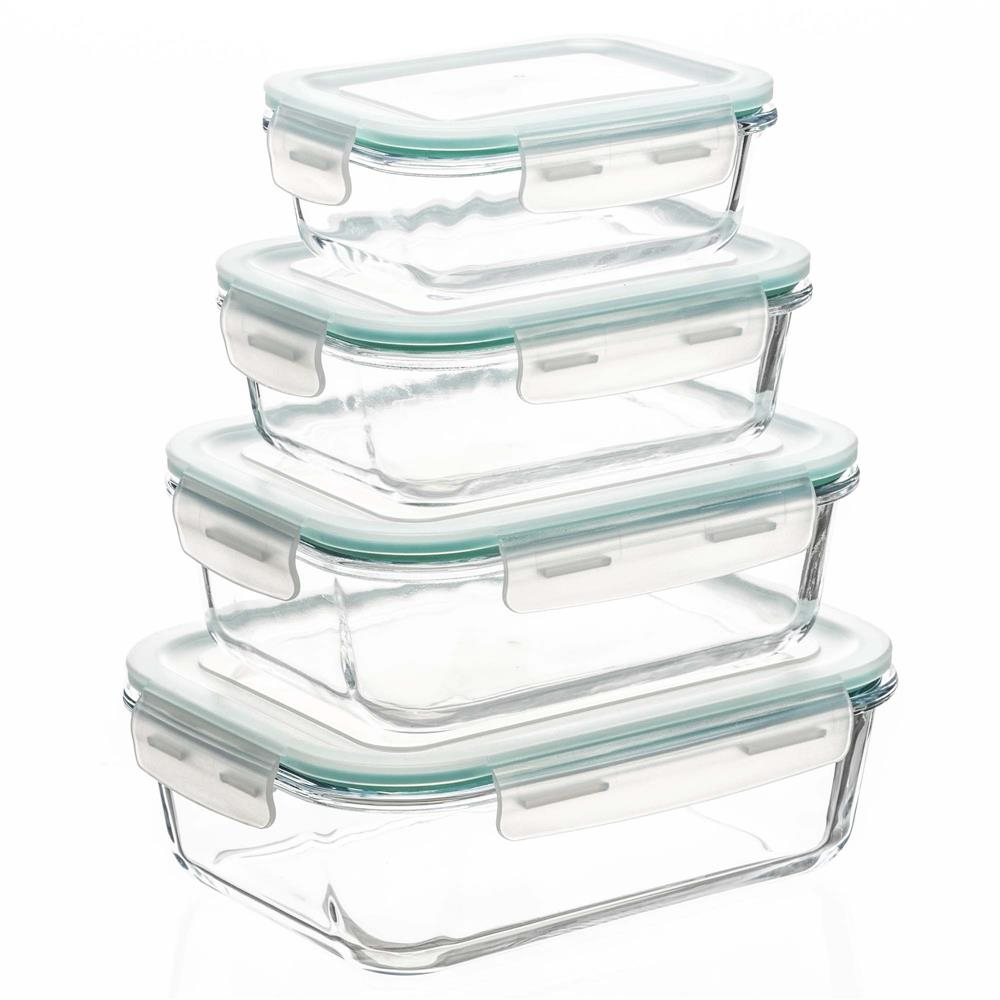 Reducere 20% – Set 4 recipiente din sticla termorezistenta, cu capac etans, BPA free, 350ml 600ml 1000ml 1450ml , transparent 1 Set 4 recipiente din sticla termorezistenta